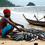 **Image of Traditional Fishing in Liberia**: Create an illustration of local Liberian fishermen using traditional fishing methods on a beach, showcasing their diverse catch of fish, shellfish, and crustaceans. The scene should capture the essence of their cultural heritage and the vibrant atmosphere of the coastal environment.