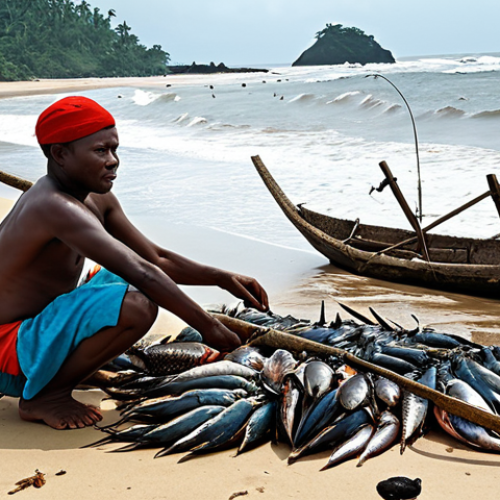 Home 20 **Image of Traditional Fishing in Liberia**: Create an illustration of local Liberian fishermen using traditional fishing methods on a beach, showcasing their diverse catch of fish, shellfish, and crustaceans. The scene should capture the essence of their cultural heritage and the vibrant atmosphere of the coastal environment.