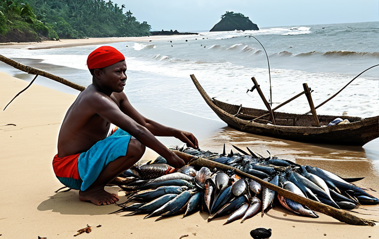 **Image of Traditional Fishing in Liberia**: Create an illustration of local Liberian fishermen using traditional fishing methods on a beach, showcasing their diverse catch of fish, shellfish, and crustaceans. The scene should capture the essence of their cultural heritage and the vibrant atmosphere of the coastal environment.