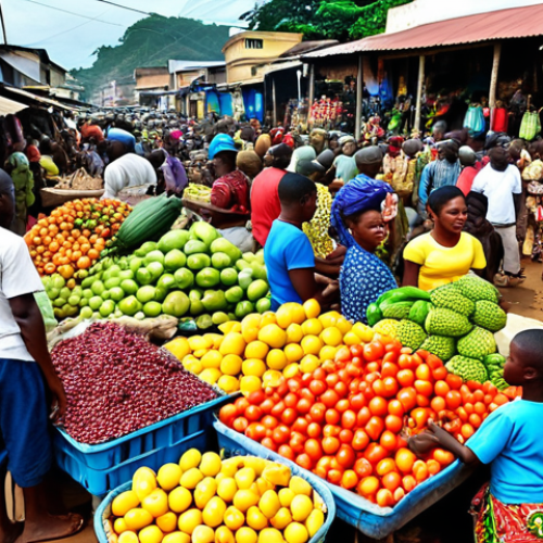 Home 19 **
A bustling marketplace in Monrovia, Liberia. Focus on vibrant colors, showcasing agricultural products like fruits and vegetables, and highlighting the diversity of the people. Incorporate subtle elements suggesting economic activity, such as traders, shoppers, and transportation. The overall tone should be hopeful, suggesting economic recovery and potential.
**