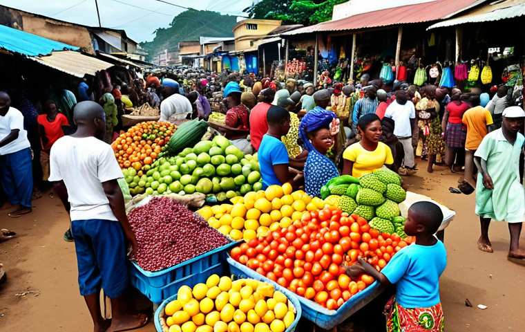 **
A bustling marketplace in Monrovia, Liberia. Focus on vibrant colors, showcasing agricultural products like fruits and vegetables, and highlighting the diversity of the people. Incorporate subtle elements suggesting economic activity, such as traders, shoppers, and transportation. The overall tone should be hopeful, suggesting economic recovery and potential.
**