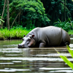 Untouched Jungles: Sapo National Park Wildlife**
A professional wildlife photographer, fully clothed in modest, professional safari attire, discreetly observes a rare pygmy hippo in its natural, lush tropical rainforest habitat within Sapo National Park, Liberia. The hippo is partially submerged in clear, calm water amidst dense, vibrant foliage. The scene features perfect anatomy, correct proportions, natural pose, well-formed hands, and natural body proportions. Captured with professional photography, high quality, ultra-detailed, realistic. safe for work, appropriate content, fully clothed, modest, family-friendly.

**