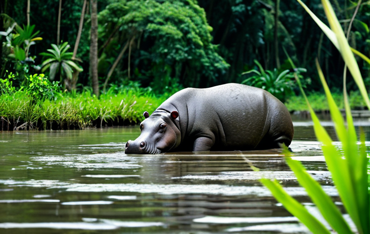 Untouched Jungles: Sapo National Park Wildlife**
A professional wildlife photographer, fully clothed in modest, professional safari attire, discreetly observes a rare pygmy hippo in its natural, lush tropical rainforest habitat within Sapo National Park, Liberia. The hippo is partially submerged in clear, calm water amidst dense, vibrant foliage. The scene features perfect anatomy, correct proportions, natural pose, well-formed hands, and natural body proportions. Captured with professional photography, high quality, ultra-detailed, realistic. safe for work, appropriate content, fully clothed, modest, family-friendly.
**