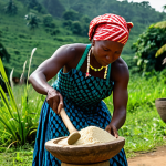 A Liberian woman in her 30s, fully clothed in a vibrant, modest traditional dress with a head wrap, stands gracefully pounding fufu in a large wooden mortar with a long pestle. The scene is set in an outdoor village environment under soft, natural light, highlighting traditional elements and lush green plants in the background. High-quality professional photography, detailed textures, authentic cultural scene, safe for work, appropriate content, family-friendly, perfect anatomy, correct proportions, natural pose, well-formed hands, proper finger count, natural body proportions.