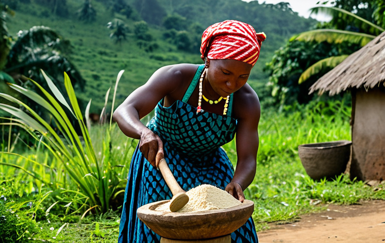 A Liberian woman in her 30s, fully clothed in a vibrant, modest traditional dress with a head wrap, stands gracefully pounding fufu in a large wooden mortar with a long pestle. The scene is set in an outdoor village environment under soft, natural light, highlighting traditional elements and lush green plants in the background. High-quality professional photography, detailed textures, authentic cultural scene, safe for work, appropriate content, family-friendly, perfect anatomy, correct proportions, natural pose, well-formed hands, proper finger count, natural body proportions.