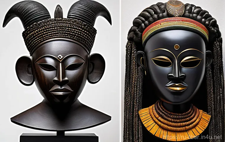 라이베리아에서 예술과 문화 체험하기 - **Liberian Sande and Poro Masks in Detail**
A highly detailed, museum-quality photograph showcas...
