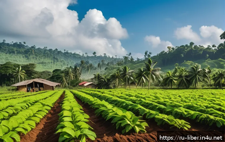 라이베리아에서의 비즈니스 기회 - A vibrant Liberian agricultural landscape under a bright tropical sky, showcasing lush cocoa and cof...