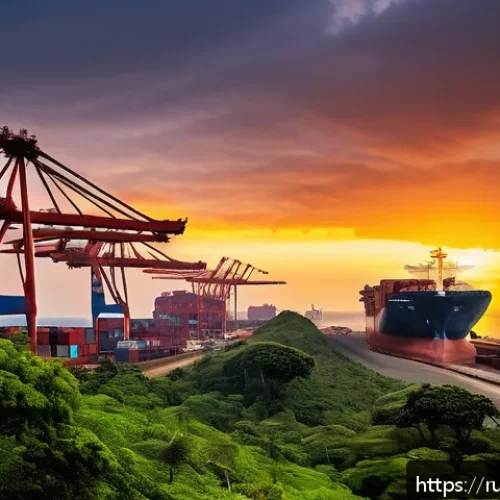 Home 13 라이베리아 수출 품목 철광석 고무 목재 - A bustling Liberian port on the Atlantic coast during sunset, showcasing large cargo ships being loa...