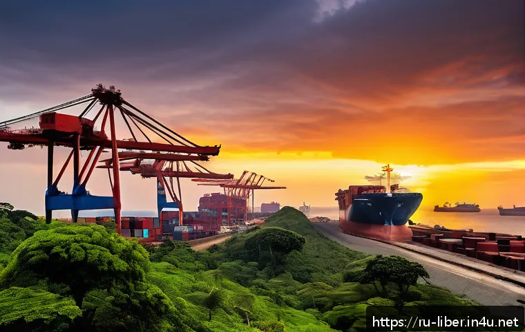 라이베리아 수출 품목 철광석 고무 목재 - A bustling Liberian port on the Atlantic coast during sunset, showcasing large cargo ships being loa...
