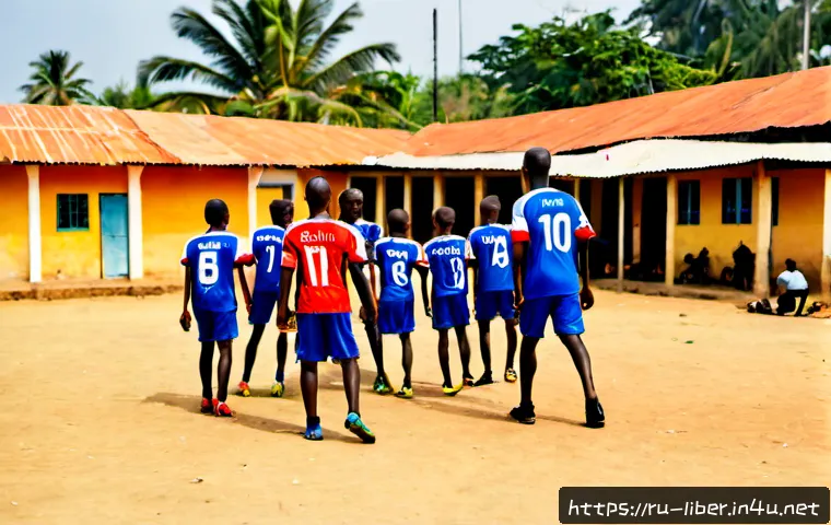 라이베리아의 축구 문화와 대표팀 - Photorealistic wide-angle scene of a lively community football match in Monrovia, Liberia, young pla...